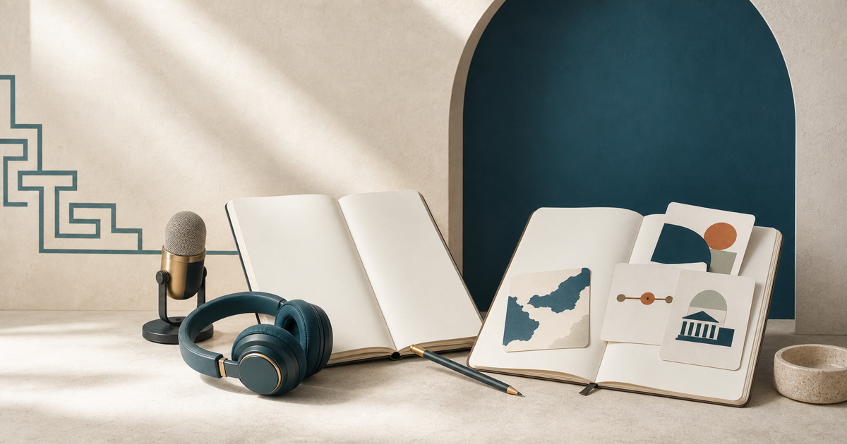 Two coordinated Greek study notebooks with audio tools and abstract civic-knowledge cards in a teal studio.